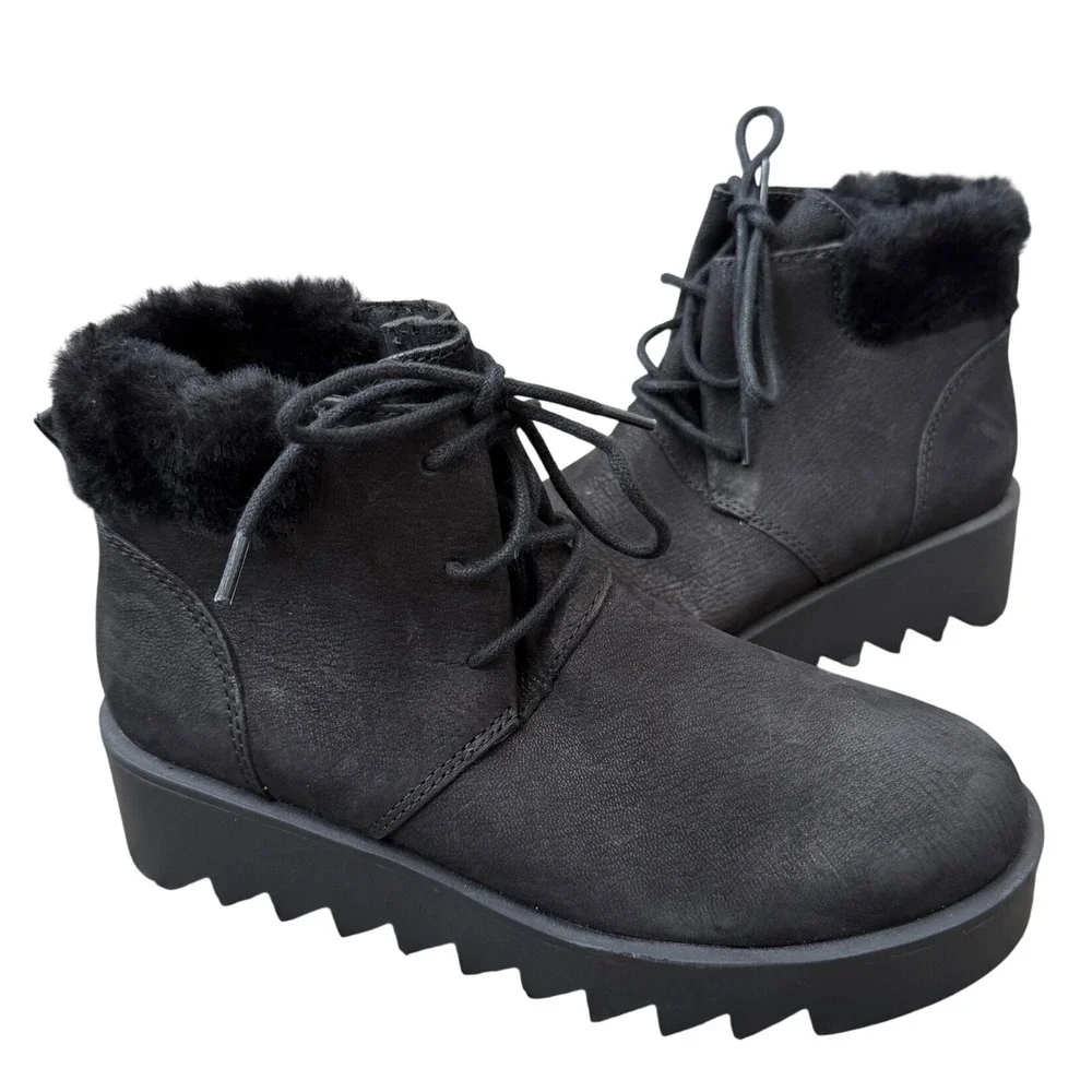 Eileen Fisher Black Nubuck Sheared Lamb Fur Trim Sawtooth Platform Boots 5.5 NEW